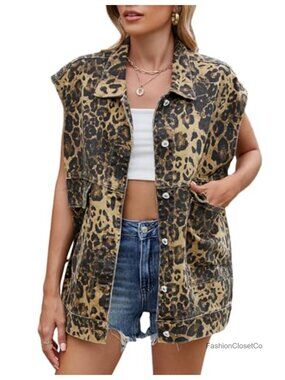 Oversized Mid Long Sleeveless Denim Vest with Pockets